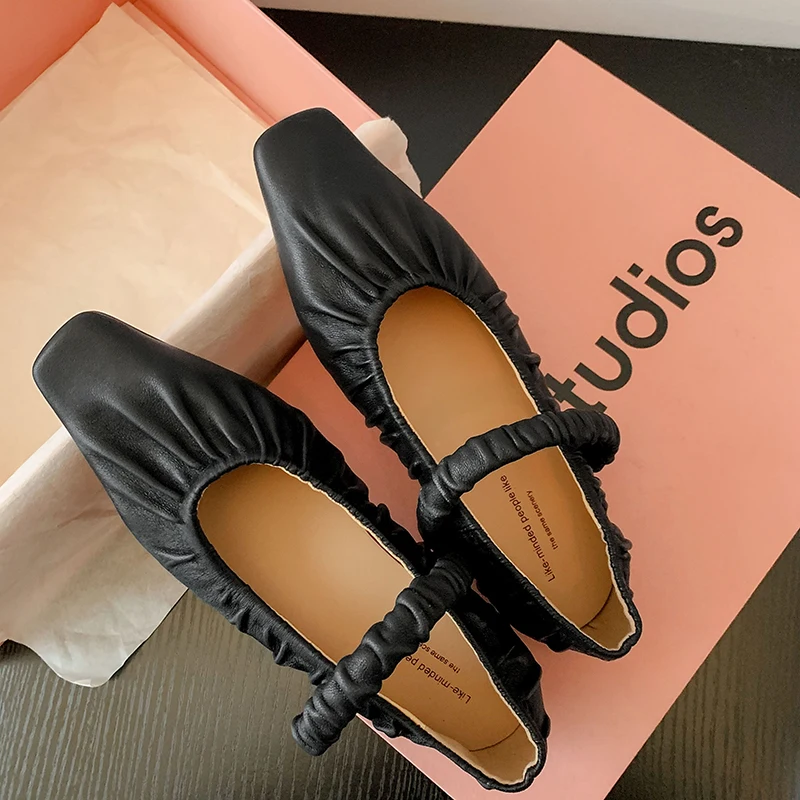 Fashion Pleated Women Flats Shoes Spring Summer New Genuine Leather Shoes Woman Low Heels Square Toe Mary Janes Shoes Size 34-39
