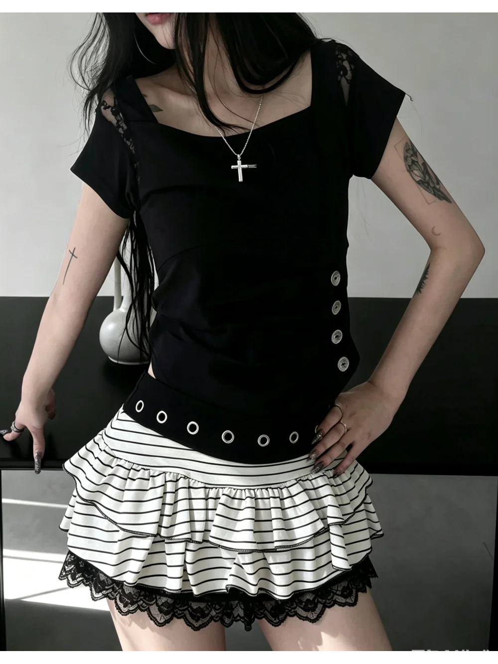 2026 Summer New Lace Stripe Printed Multi Layer Ruffle Hot Girl Short Skirt Street Trend Sweet Daily Leisure Vacation Date Ins
