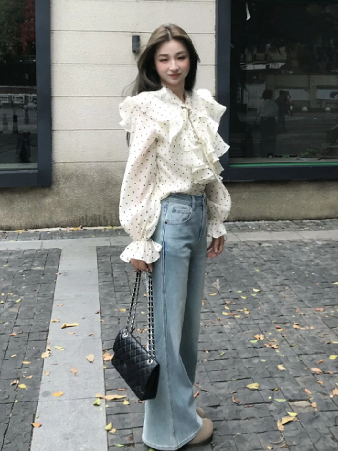 

Ele Polka Dot Ruffle irt Gentle Sle Unique Design Beautiful Spring 2026 Women's Long Sve Slim Fit irt