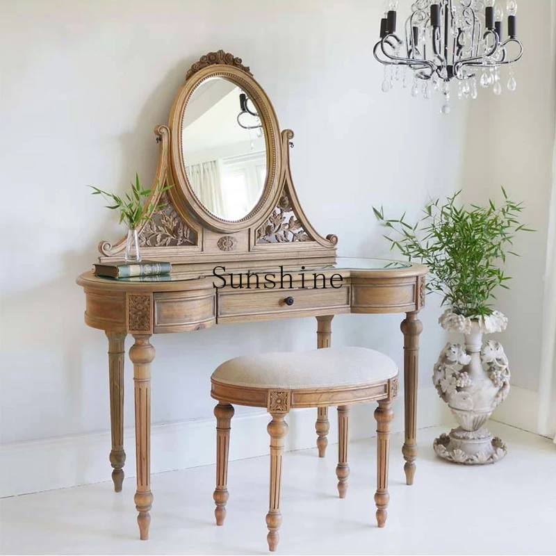 

American rural solid wood bedroom small apartment simple antique old carved dresser table