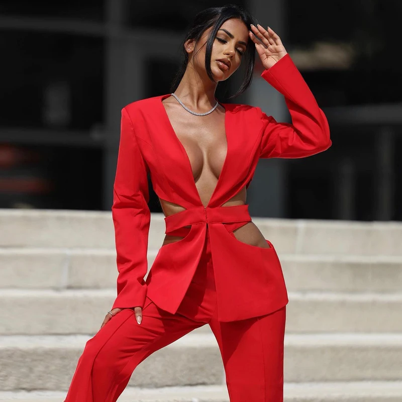 MSMUSI 2023 New Fashion Women Sexy Red V Neck Two Piece Set Bodycon Party Long Sleeve Hollow Out Blazer Top Long Pant Set Suit