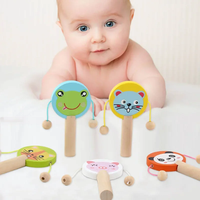 Wooden Rattle Drum sound Instrument Percussion Wooden Toys Cartoon Baby Rattle Music baby Toys Kid Child Early Education Gifts