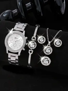 5 PCS Set Silver Luxury Watch Women Ring Necklace Earrings Rhinestone Fashion Wristwatch Female Casual Watches Bracelet Set