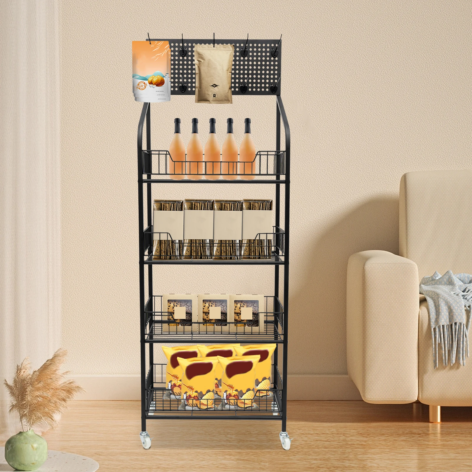 

4 Tier Retail Display Rack Candy Display Organizer with 10 Hooks Snack Rack Cart Metal Wire Basket Cart with Rolling Wheels