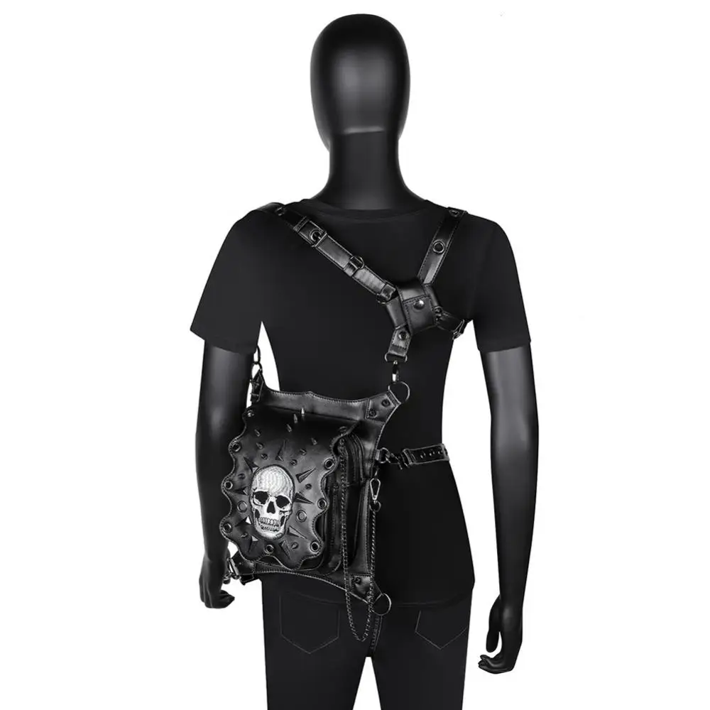 Steampunk Cosplay Unisex Punk Rivets Skull Chest Bag Liquid Bottom Bag Retro Tactical Waist Bag Pu Multiple Wearing Method