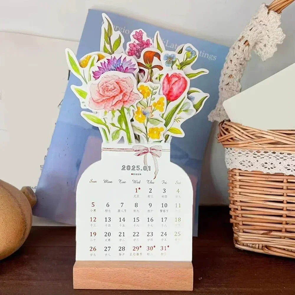 Creative Bloomy Flower Calendar Wooden Base 2025 Pretty Floral Card Calendar Desk Decor For Home Office Desktop Supplies