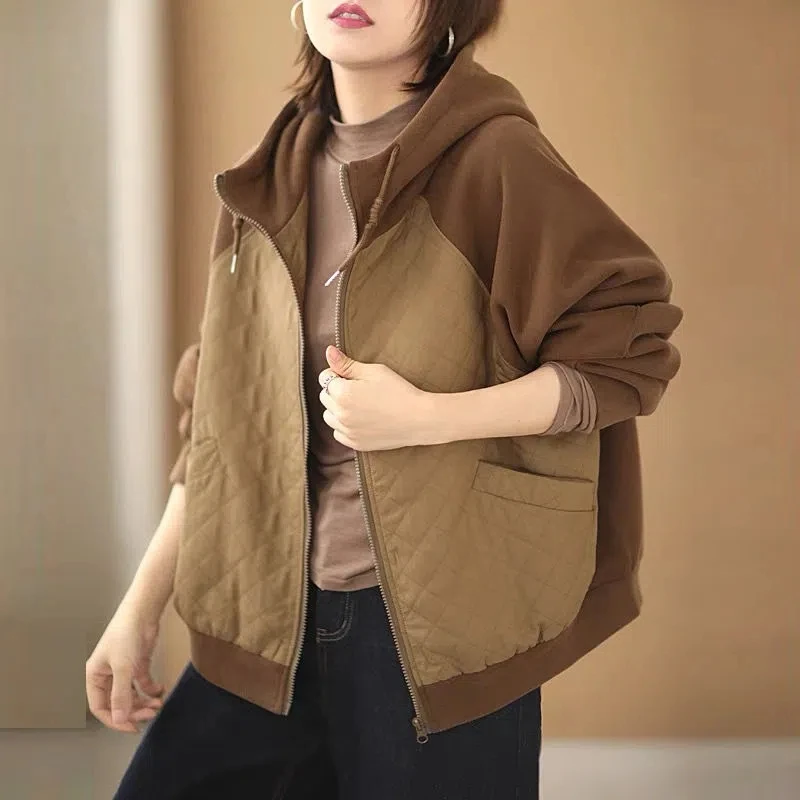 

Splicing Sweater Jacket Women2022New Spring Autumn Mid Aged Fashion Short Hooded Coat Female Loose Cardigan Women Coat Tops E230