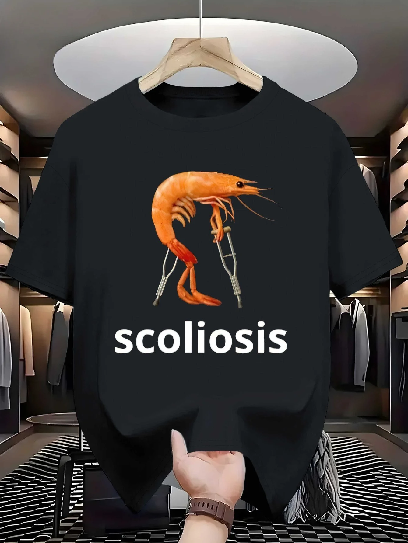 Patterns Shrimp Scoliosis Men's Women T Shirt Cotton Tee Meme Top Streetwear Oversized Ironic Humor Weirdcor Sarcastic Hilarious