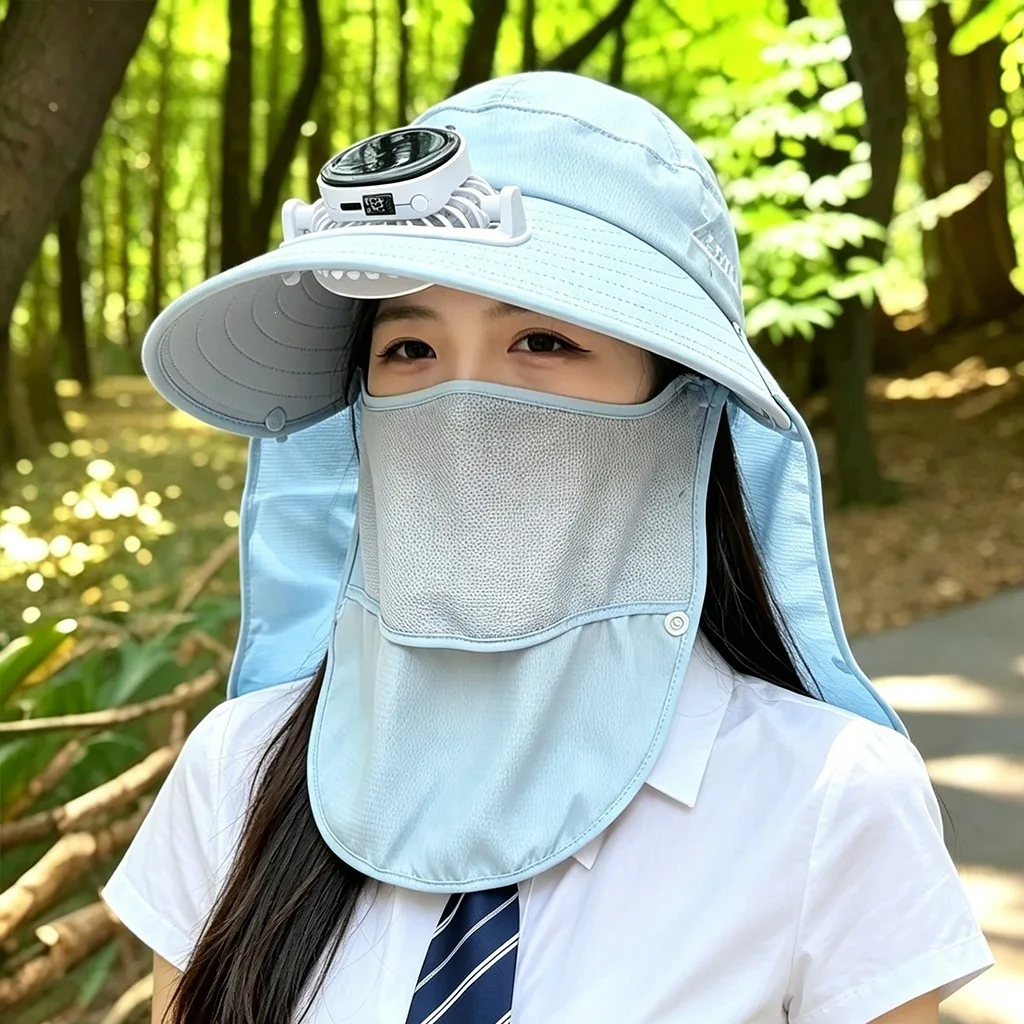 100 Cotton Solar Powered Digital Display Fan Hat Wide Brim Uv Protection Full Face Cover Adjustable Usb Rechargeable Breathable