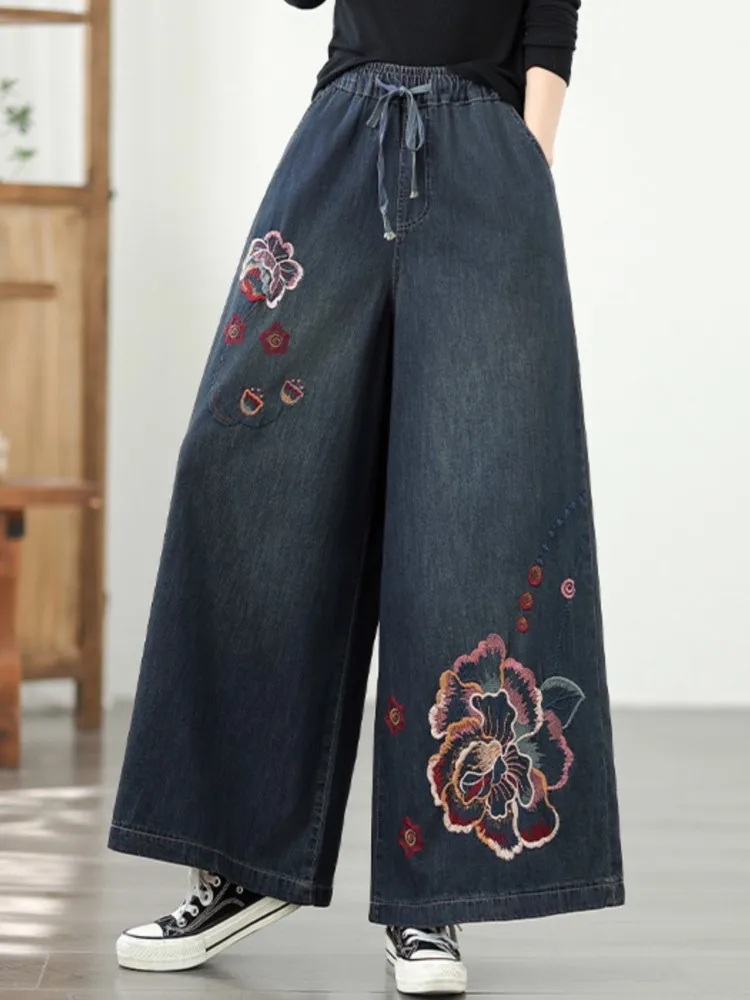 Damskie spodnie jeansowe oversize na jesień, z kwiatowym haftem, modne, luźne, z szerokimi nogawkami, elastyczna talia.