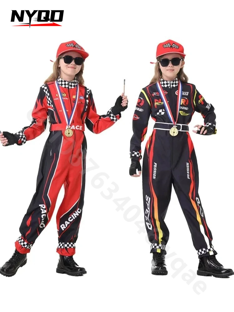 Children's Karting Racing Suit Role-playing Jumpsuit with Belt Set for Boys and Girls Riding Themed Performance Costumes