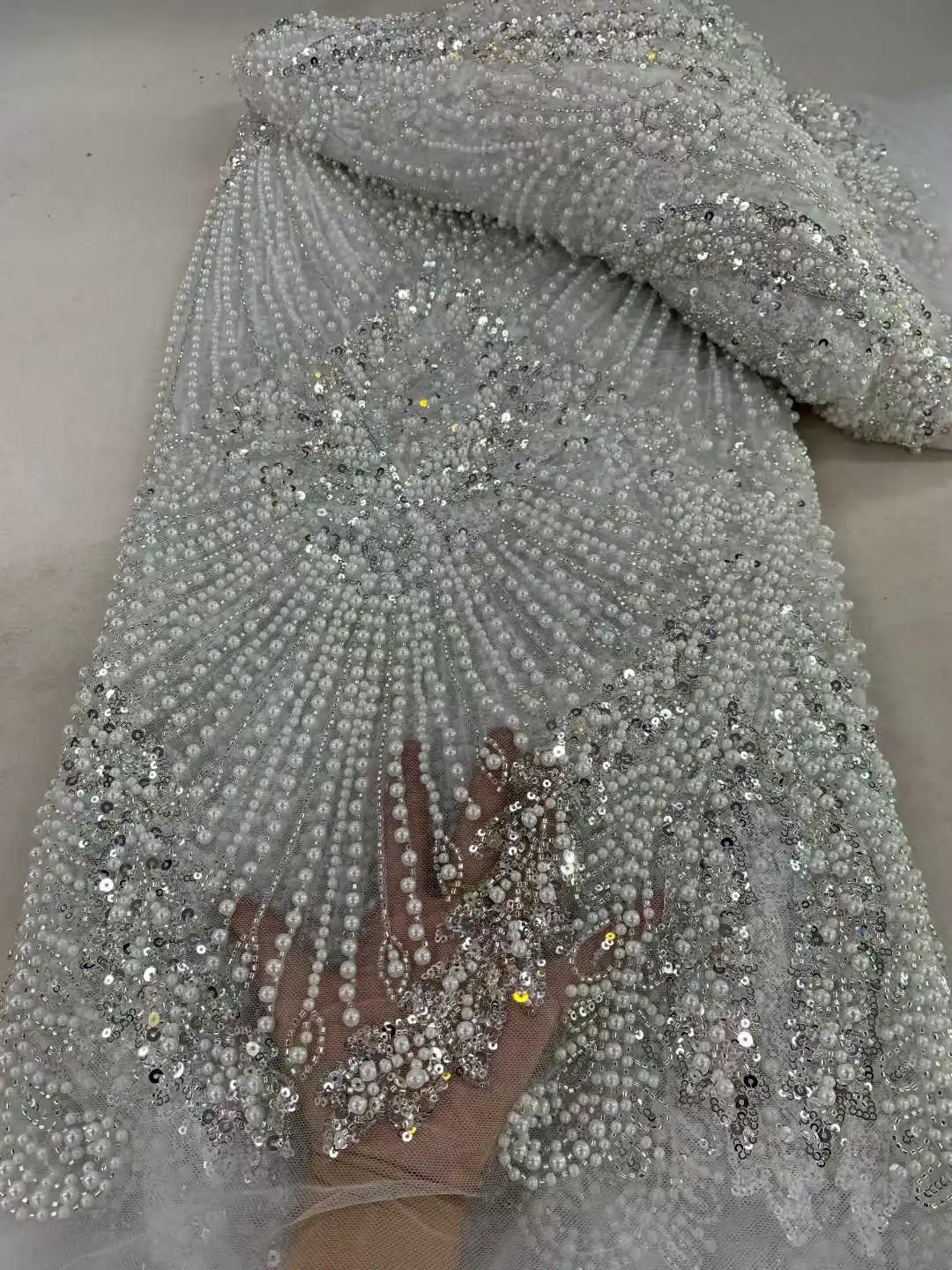 Luxury Heavy Industries Sequin Beads Pearl Tulle Embroidery Is Suitable For High-End Wedding Dresses Lace Fabrics