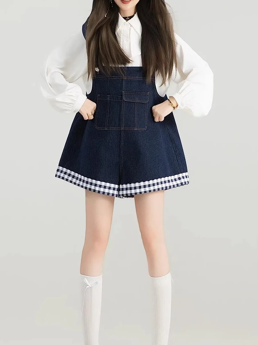 

Removable Hat Youthful Denim Overalls Spring Vintage Color Block Slimming Overalls Natural Waist Vintage Style Ladies Jeans
