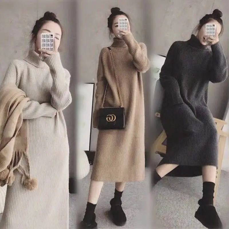 

Autumn and Winter New Turtleneck Loose Fit Solid Color Dress Women's Medium Long Knitted Wool Cashmere Skirt T45