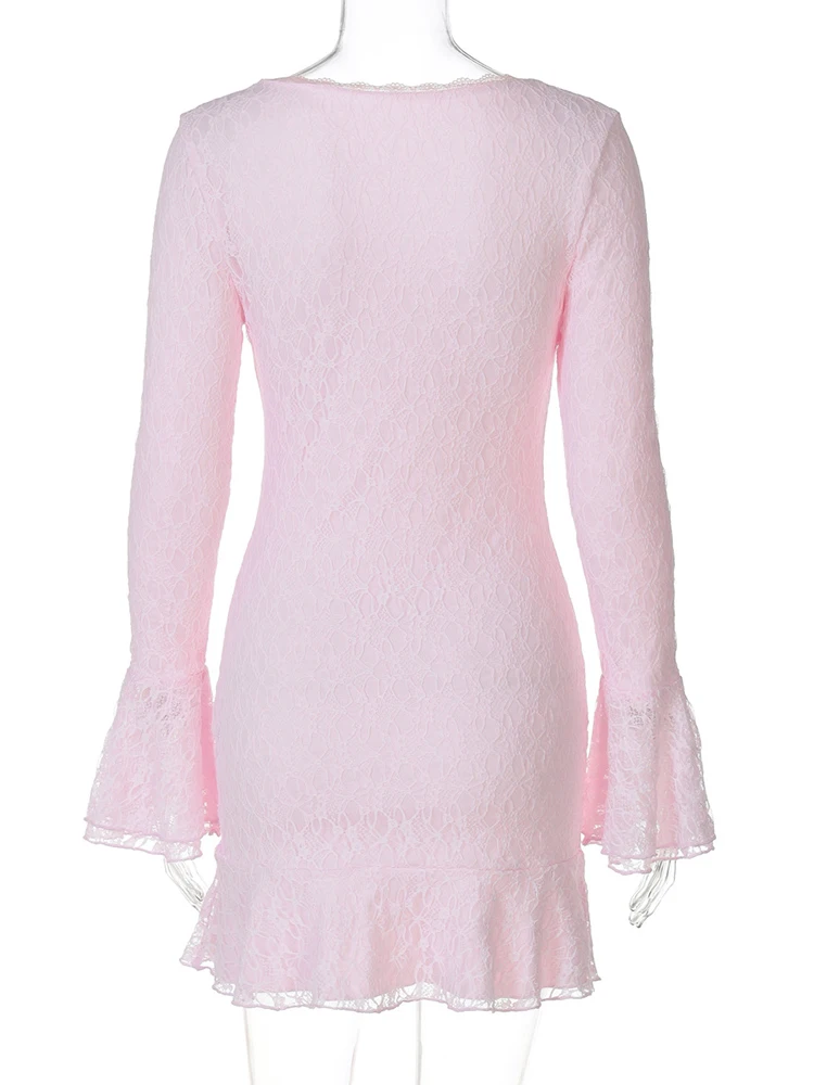 Oniflyme ลูกไม้ Patchwork Ruffles ชุดมินิผู้หญิง Flare แขน V คอ Slim สะโพกชุดเดรส Elegant Bodycon Partywear Robes