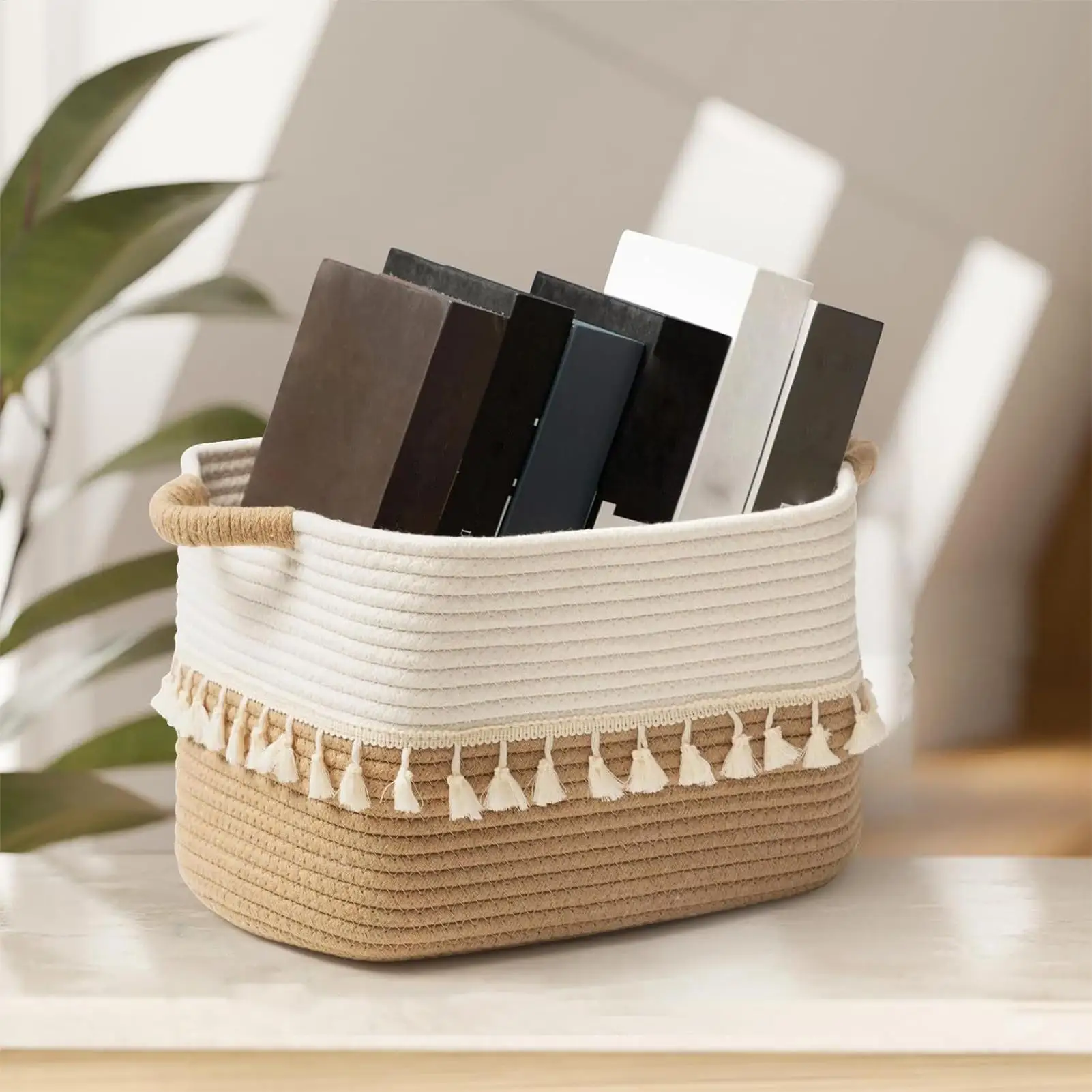 

Cotton Woven Storage Basket with Tassel Handles for Laundry Room Bathroom Bedroom Organization Toys Blankets Towels Decoration