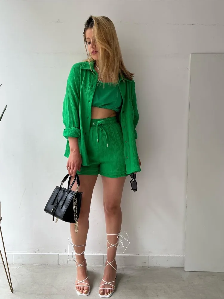 2023 Summer Casual Button Green Cotton Two Pieces Sets Women Long Sleeve Rose Red Women's Sets White Shirt Shorts Set Outfits