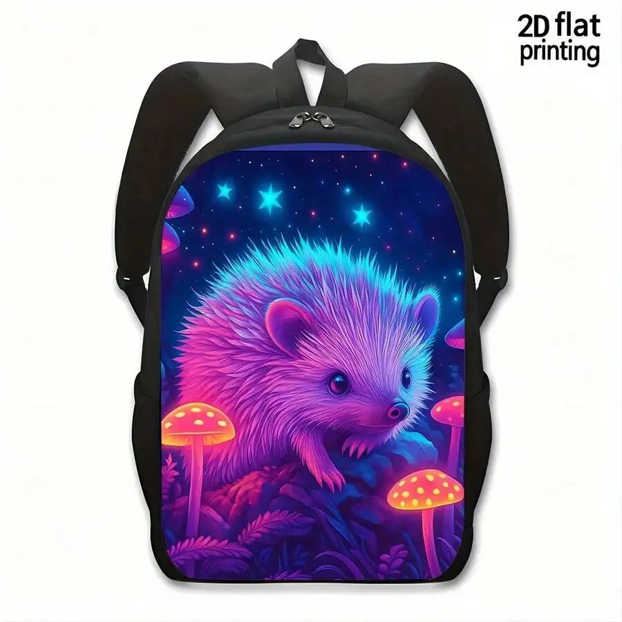 

Neon Hedgehog Backpack With Glowing Blue Purple Pink Mushrooms Magical Forest Design Large Capacity Lightweight Daypack For