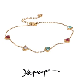 Yhpup Colorful White Heart Cubic Zirconia Chain Stainless Steel Trendy Anklet for Women Fashion Delicate Summer Jewelry New
