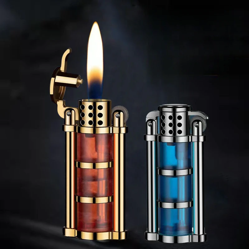 Transparent Visible Gas Window Windproof Open Flame Butane Gas Lighter Classic Vintage Grinding Wheel Ignition Lighters Smoking
