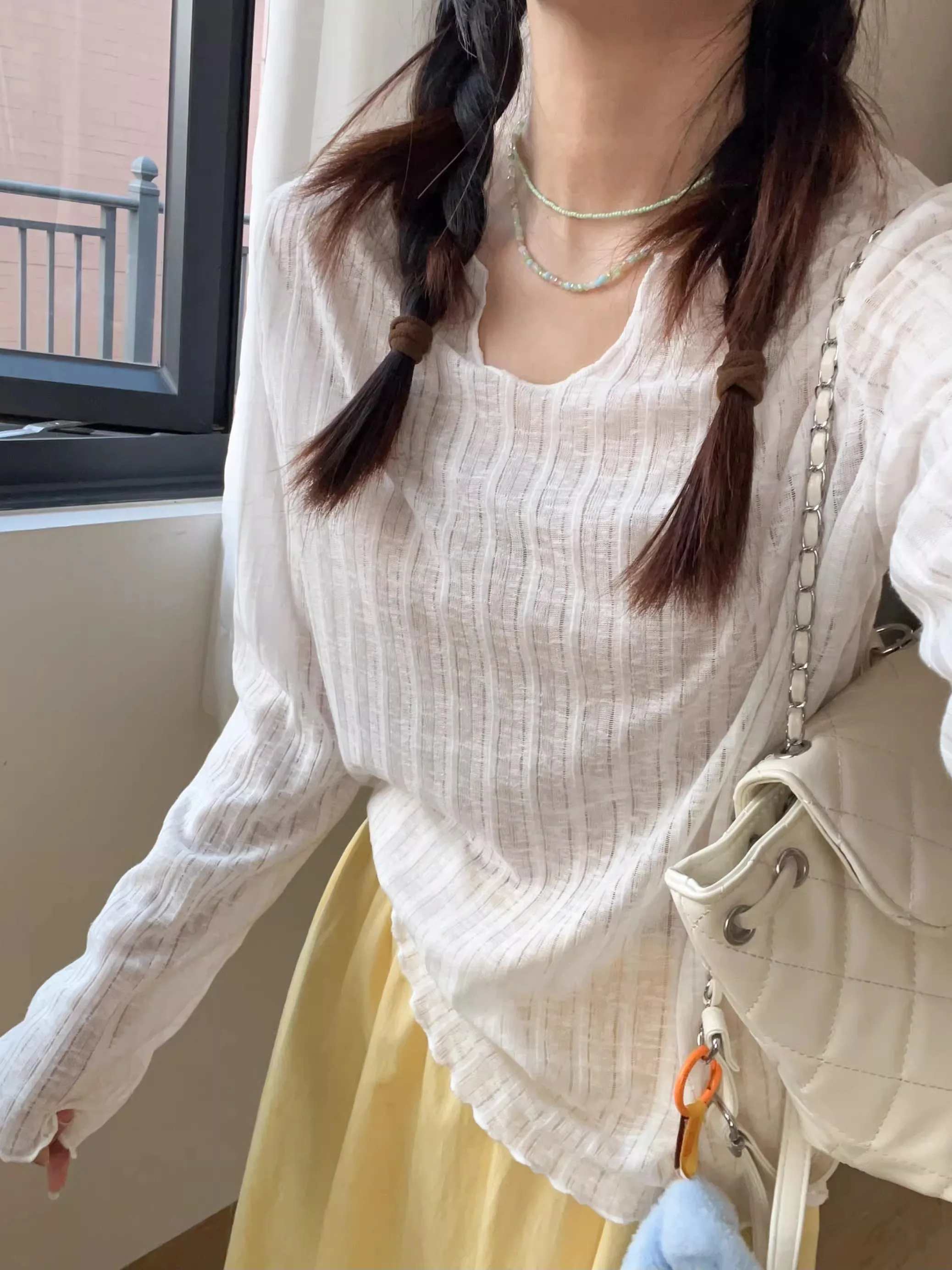 Women's Linen Half-Transparent Thin Long Sleeve Top Summer Breathable Sunshade Lazy Loose Outerwear T-shirt Casual Style V-neck