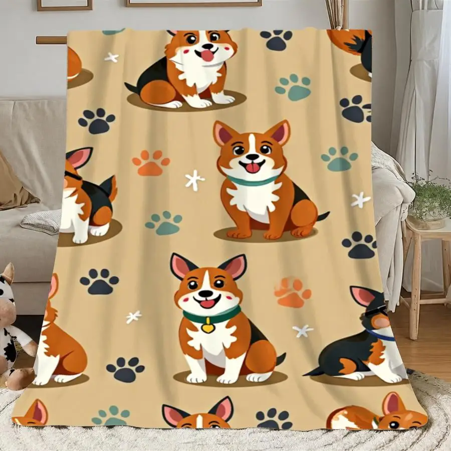 1pc Warm Premium Flannel Blanket with Playful Cartoon Corgi And Paw Print Pattern, Cozy Decorative Throw for All Seasons, Perfect As Home Decoration And Holiday Gift Choice