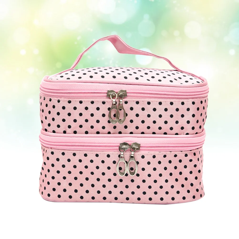 

Double Layers Waterproof Dots Pattern Bag Large Capacity Hand Strap Travel Makeup Organizer Small Dot Toiletry Handbag