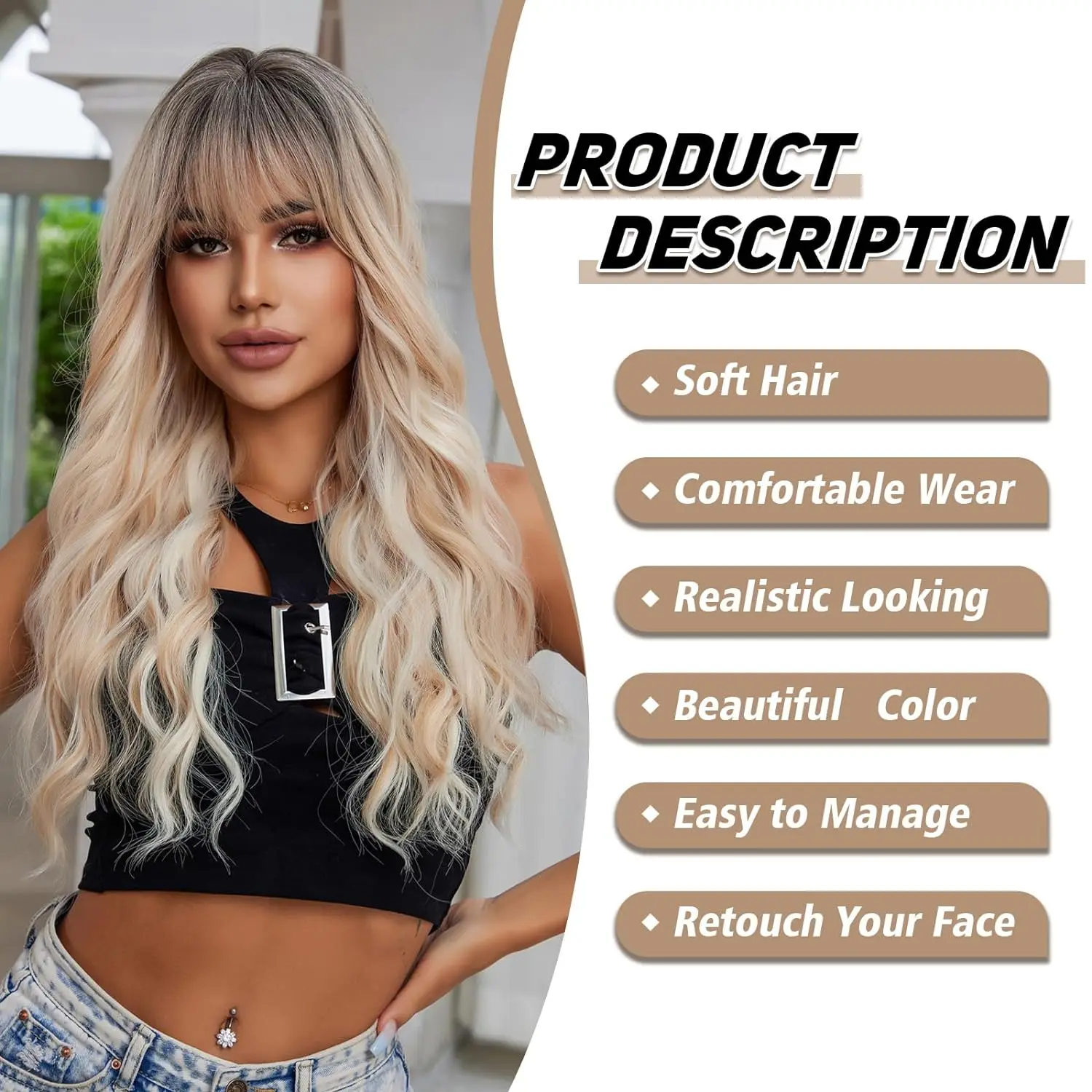 Long Wavy Wigs Blonde Wigs With Bangs For Women Platinum Stripe Highlight Long Curly Wavy Wig With Dark Roots Synthetic Hair Wig