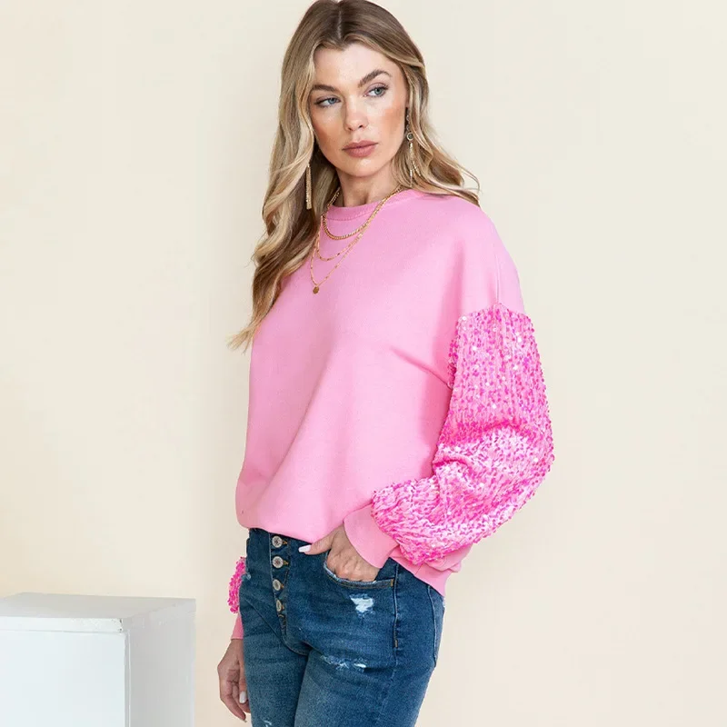 Jersey de retales con lentejuelas para mujer, sudaderas coloridas versátiles y sencillas de manga larga con cuello redondo, Tops informales NASY0002, novedad de 2024