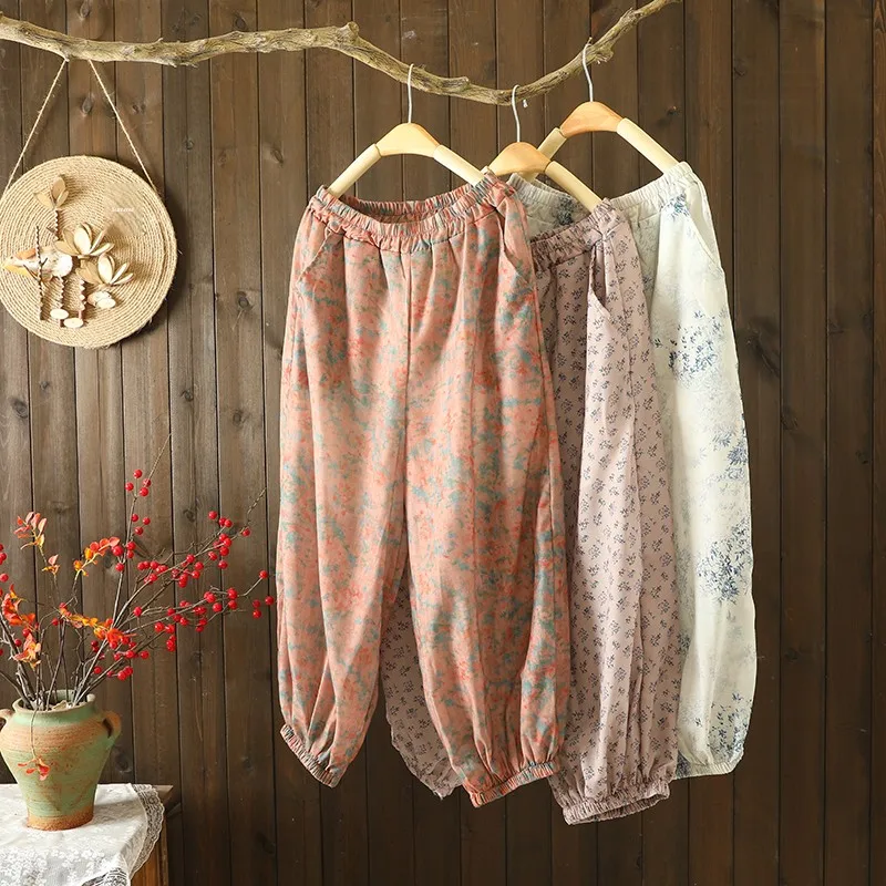 

Breathable Linen Harem Pants Large Size Women's Clothing Fat MM orts Lined Elastic Waist Casual Nine Points Mosquito-Resist...