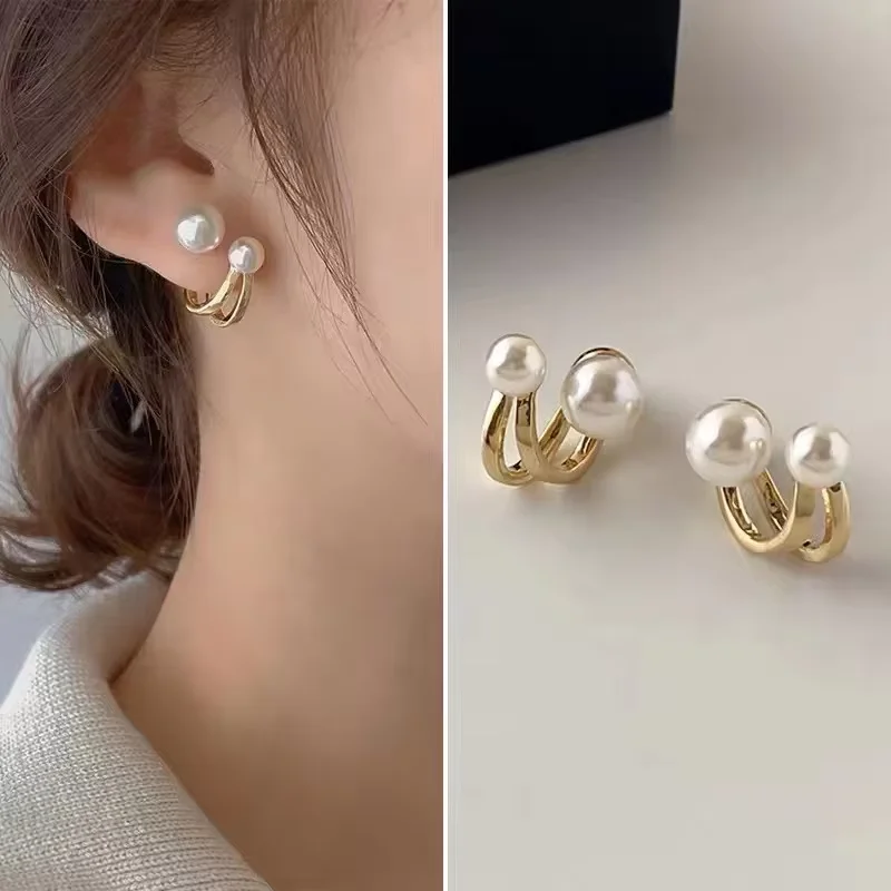 Korean Irregular Design Imitation Pearl Stud Earrings Women's Ins Gold Color Metal Earrings Trend Party Jewelry Unique Gift
