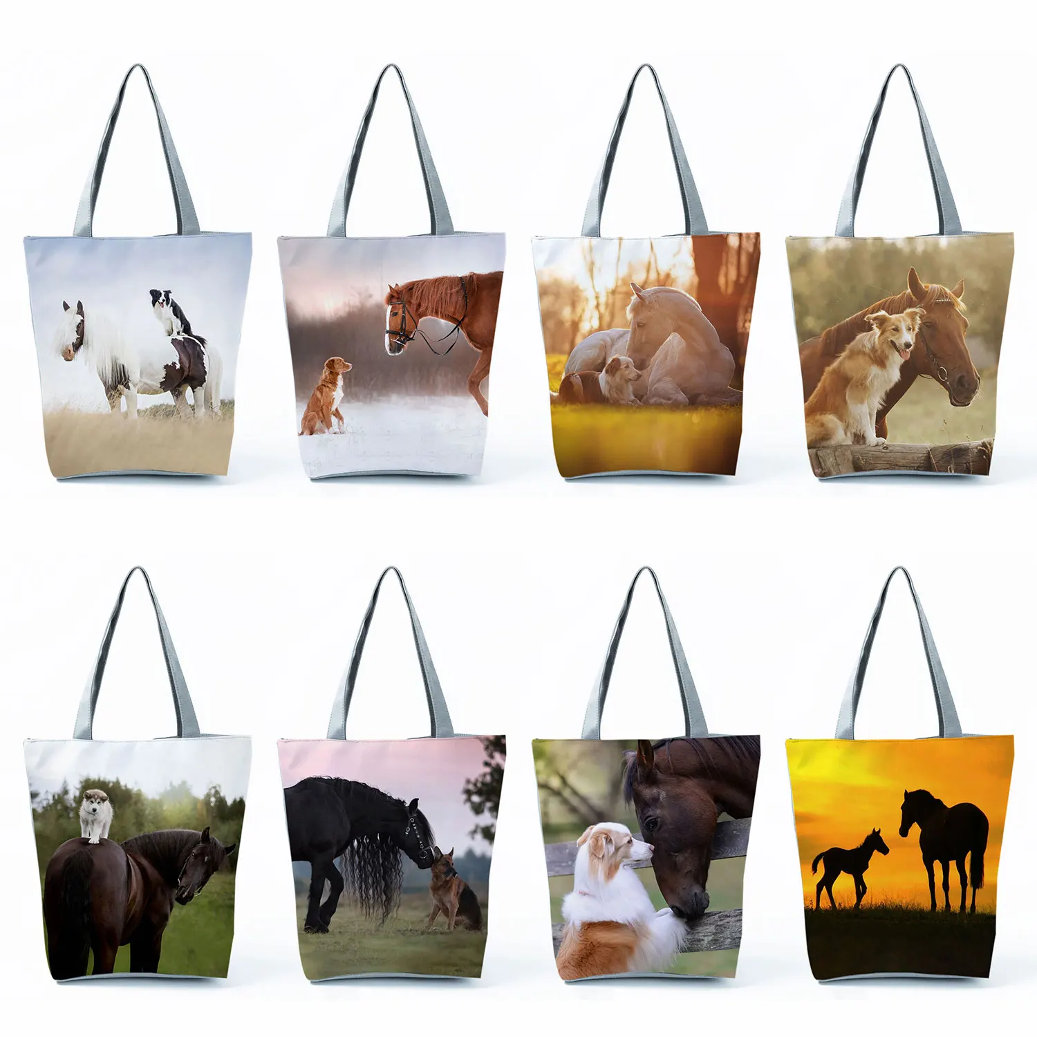 Cute Horse Dog Print Shopping Bags Foldable Tote Female Animal Large Capacity Shoulder Bags Portable Groceries Women Handbags