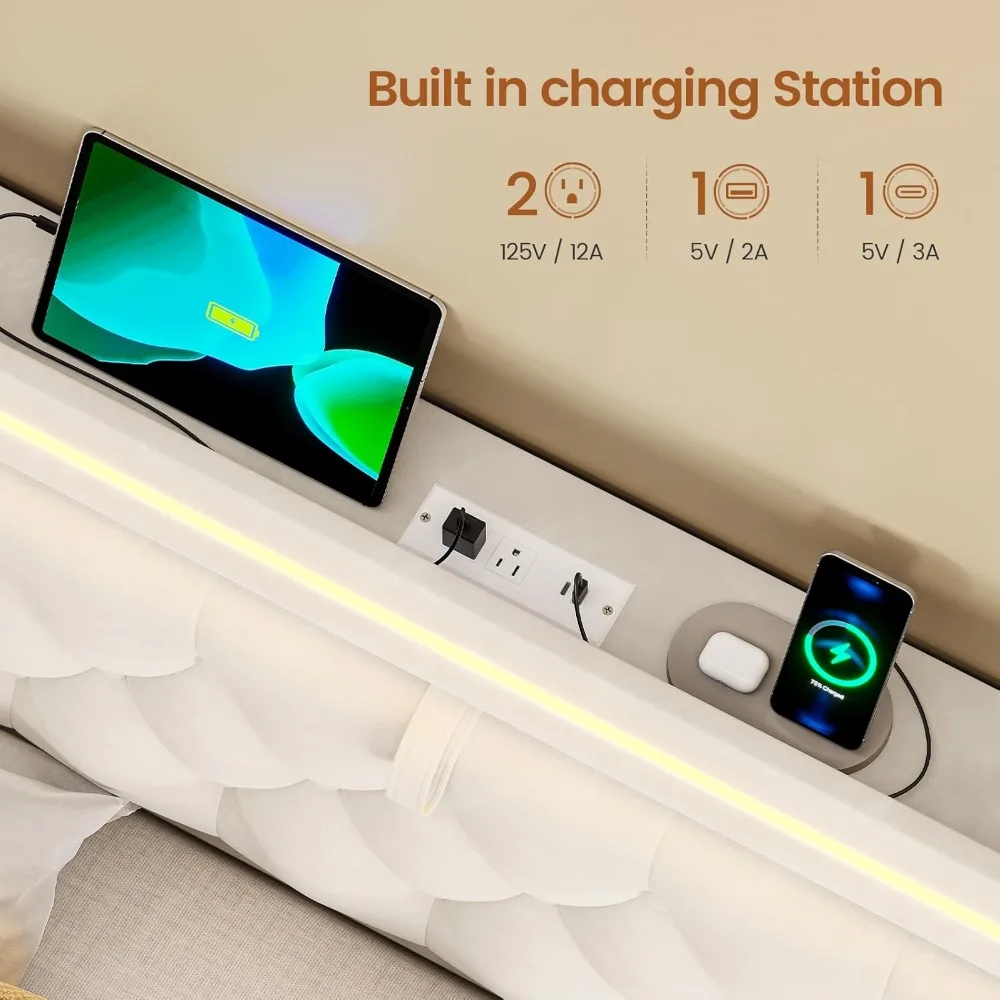 إطار سرير منجد بإضاءة LED مقاس كينج مع 3 أدراج تخزين، لوح رأسي للتخزين المخفي مع محطة شحن، زر مخملي معنقدة #6
