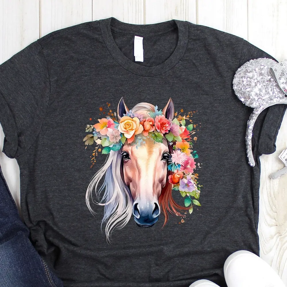 Cute Horse T Shirt Floral Portrait Lover Flower Women