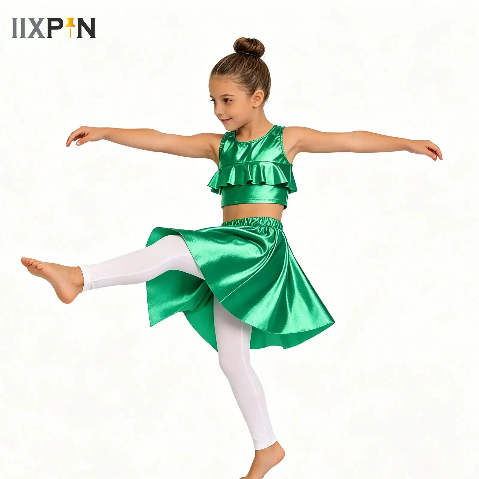 

Girls Jazz Dance Performance Outfit Sleeveless Ruffled Crop Top+Skirt Set for Hip-hop Cheerleading Dance Stage Show 2Pcs Suit