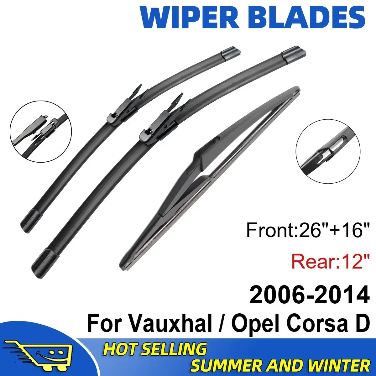 

3PCS For Vauxhal / Opel Corsa 2006-2014 26" + 16"+ 12" Double Rubber Car Wipers Blades Brushes Cutter Parts Accessories
