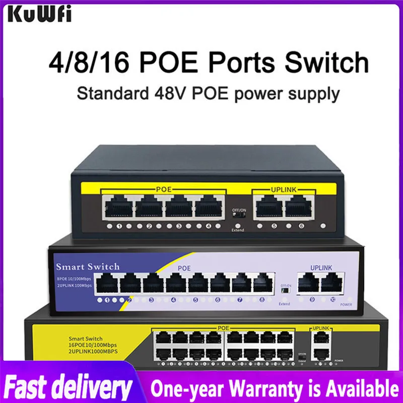 KuWFi 48V POE 스위치 4/100 포트 이더넷 스위치 10/802.3 Mbps IEEE af/at, IP 카메라/무선 AP/CCTV 보안 카메라 시스템