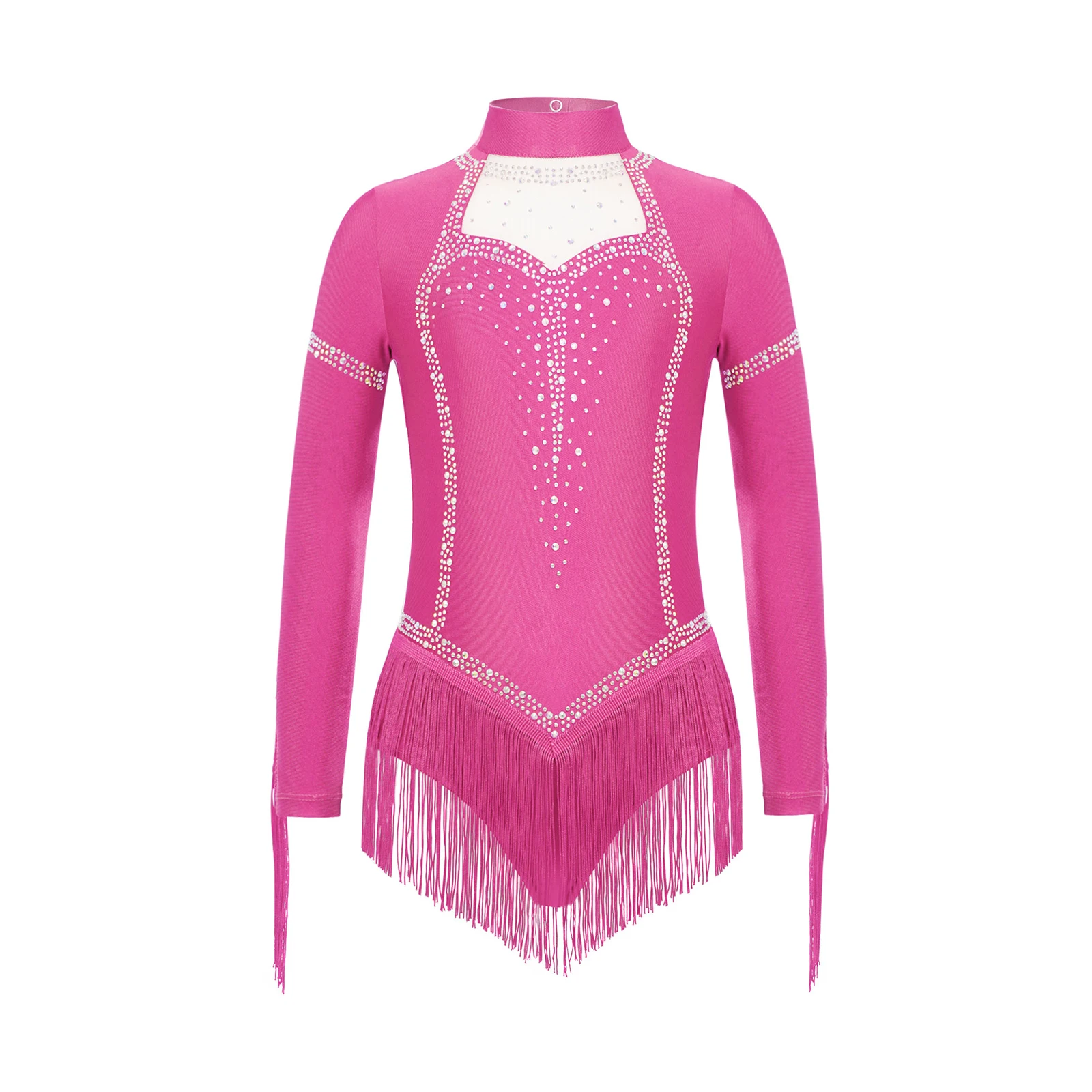 

Girls Tassels Latin Dance Leotard Dress Long Sleeve Rhinestones Fringed Bodysuit Cha-Cha Tango Ballet Gymnastics Skating Costume