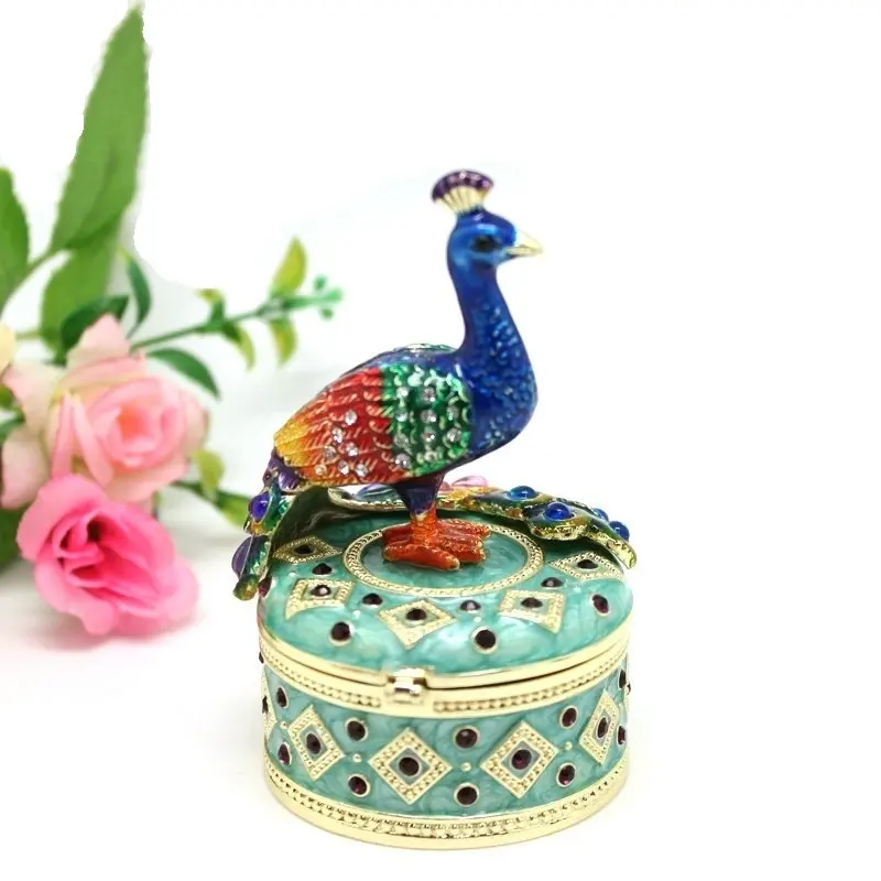 SHINNYGIFTS Peacock Figurine Box, Czech Crystals Bird Jewelry, Trinket Keepsake or Pill Box FIGURINE, Wedding Favor