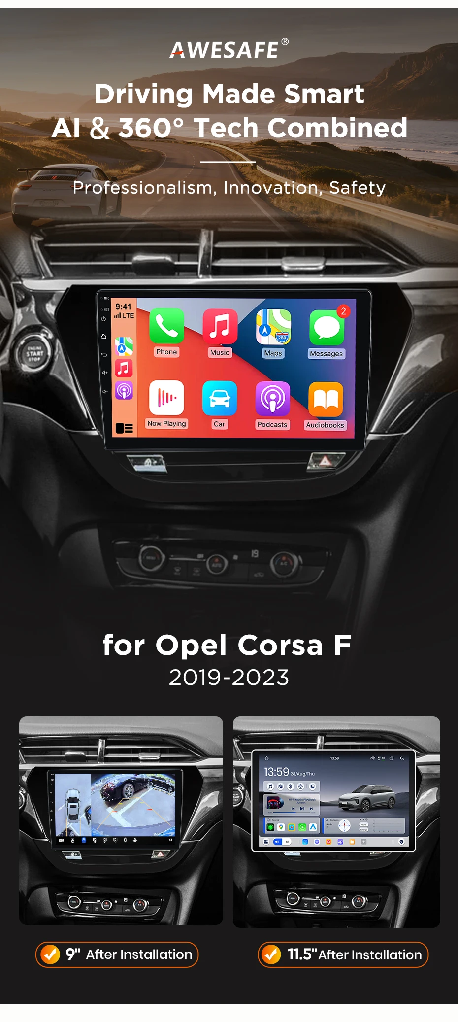 AWESAFE 9-Zoll-Android-Radio für Opel Corsa F 2019-2023, kabelloses CarPlay & Android Auto, GPS-Navigation, Multimedia, Unterstützung für Lenkradsteuerung, Subwoofer, Verstärker, Rückfahrkamera, mit CAN-BUS, EU Plug-and-Play, DAB+, digitales Autoradio, 2-DIN-Autoradio, Stereo, RDS, BT – Detail 3