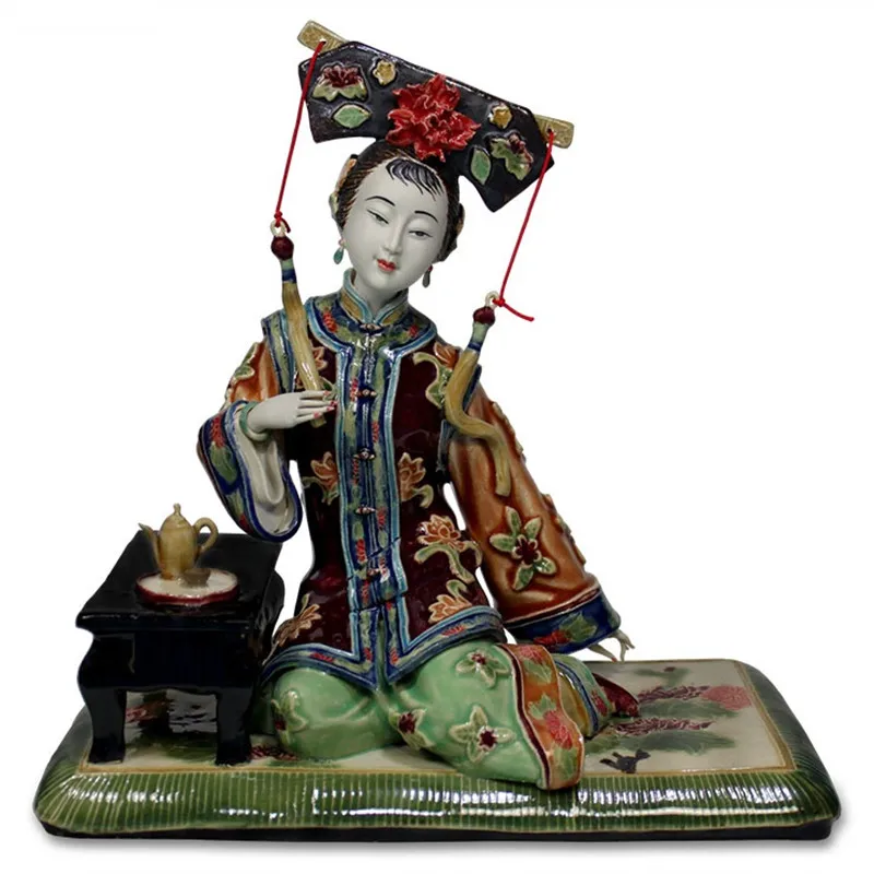 ANTIQUE CHINESE LADY CERAMIC STATUE FIGURE CRAFT COLLECTIBLE PORCELAIN FIGURINE VINTAGE HOME DECOR R2407