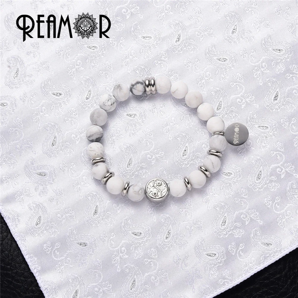 REAMOR 316L Stainless Steel Tai Ji Beads Bracelet White Howlite Truquoises Natural Stone Patience Stretch Bracelets & Bangles