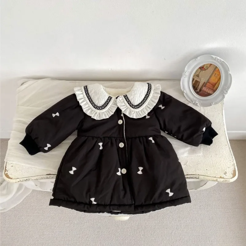 Winter New Baby Girl Long Sleeve Coat Girls Bow Embroidery Plus Velvet Thick Cardigan Children Padded Jacket Princess Coat