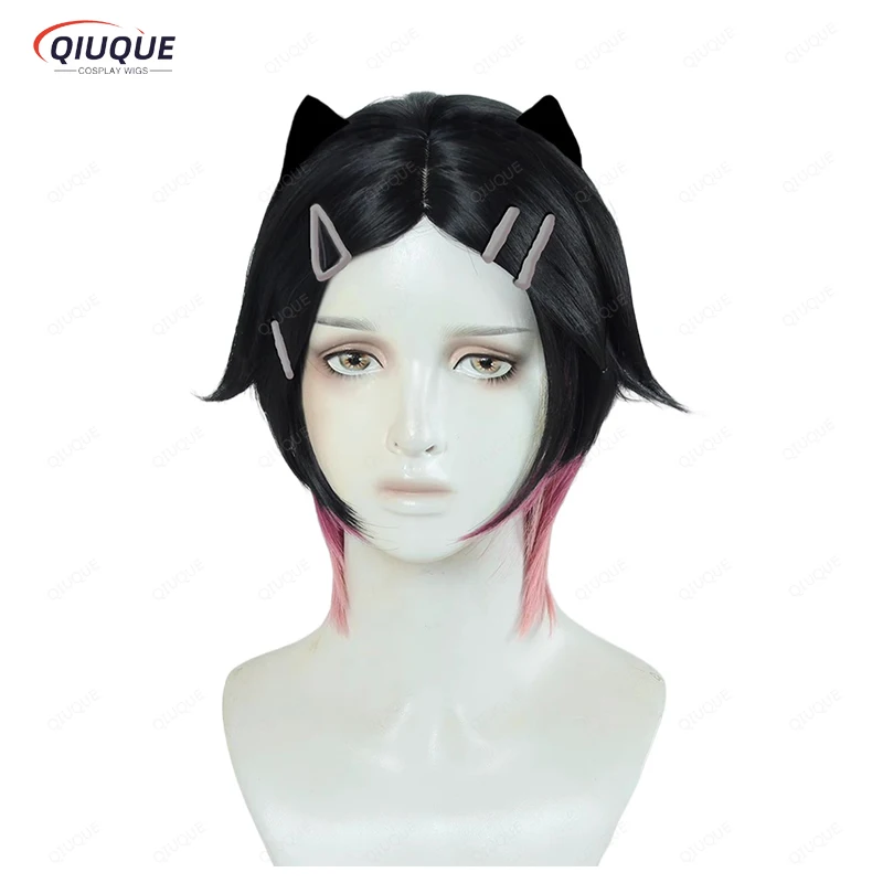 Game Clove Cosplay Wig Black Highlights Pink Simulated Scalp Short Wigs Heat Resistant Synthetic Hair Party Anime Wigs + Wig Cap