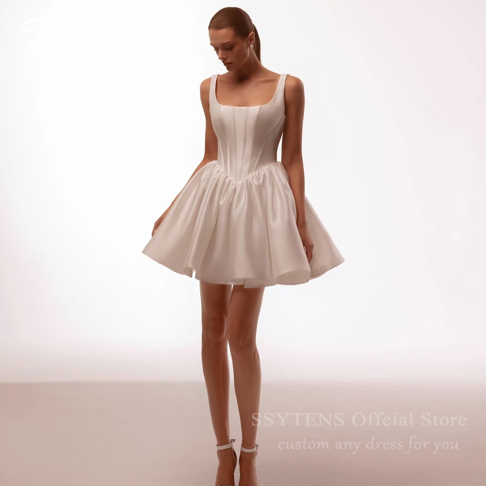 

SSYTENS 2026 Simple Mini Wedding Dresses White Sleeveless Short Satin Wedding Gowns Backless Beach Bridal Dress Bride Customized
