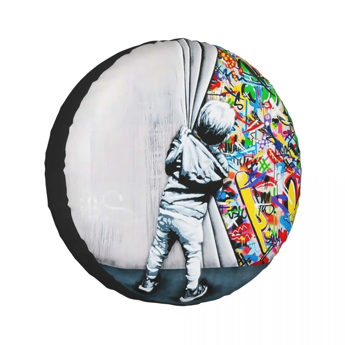 

Behind The Curtain Boy - Banksy Street Art Mural Spare Tire Cover for Car Vehicle 4x4 Wheel Protector Covers 14" 15" 16" 17"