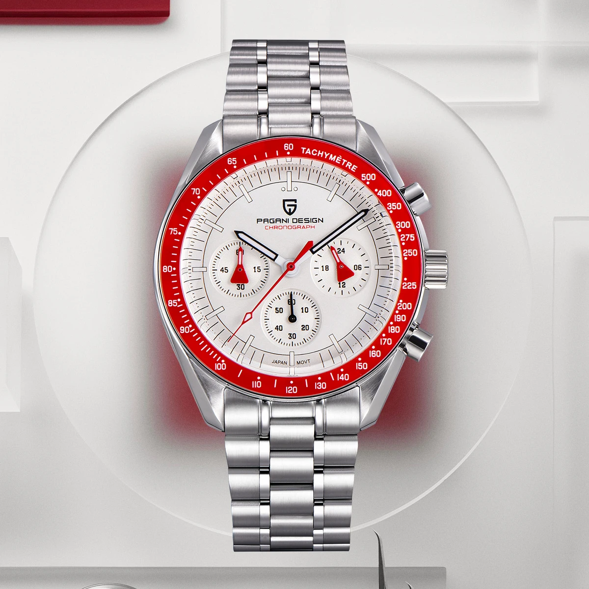 PAGANI DESIGN Retro Red Watch Quartz Stainless Steel Luminous AR Sapphire Crystal