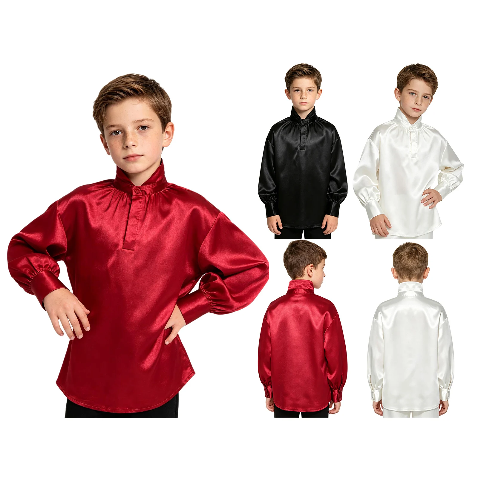 Boys Renaissance Satin Blouses Medieval Pirate Shirt Long Sleeves Button-up Pullover Top Carnival Halloween Cosplay Dress Up view 5