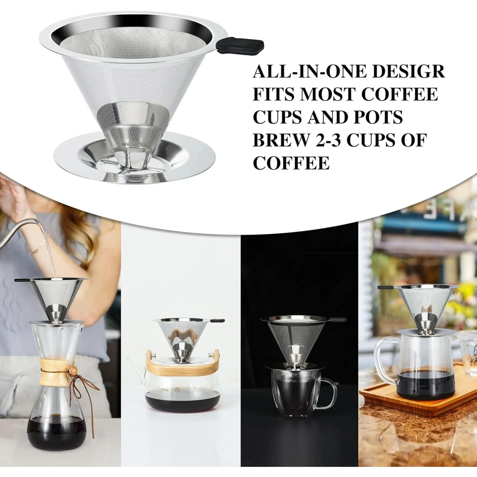 Stainless Double Mesh Pour Over Coffee Dripper Slow Drip Paperless Coffee Filter Retains Oil Fat Fits Tumblers W/ Cleaning brush