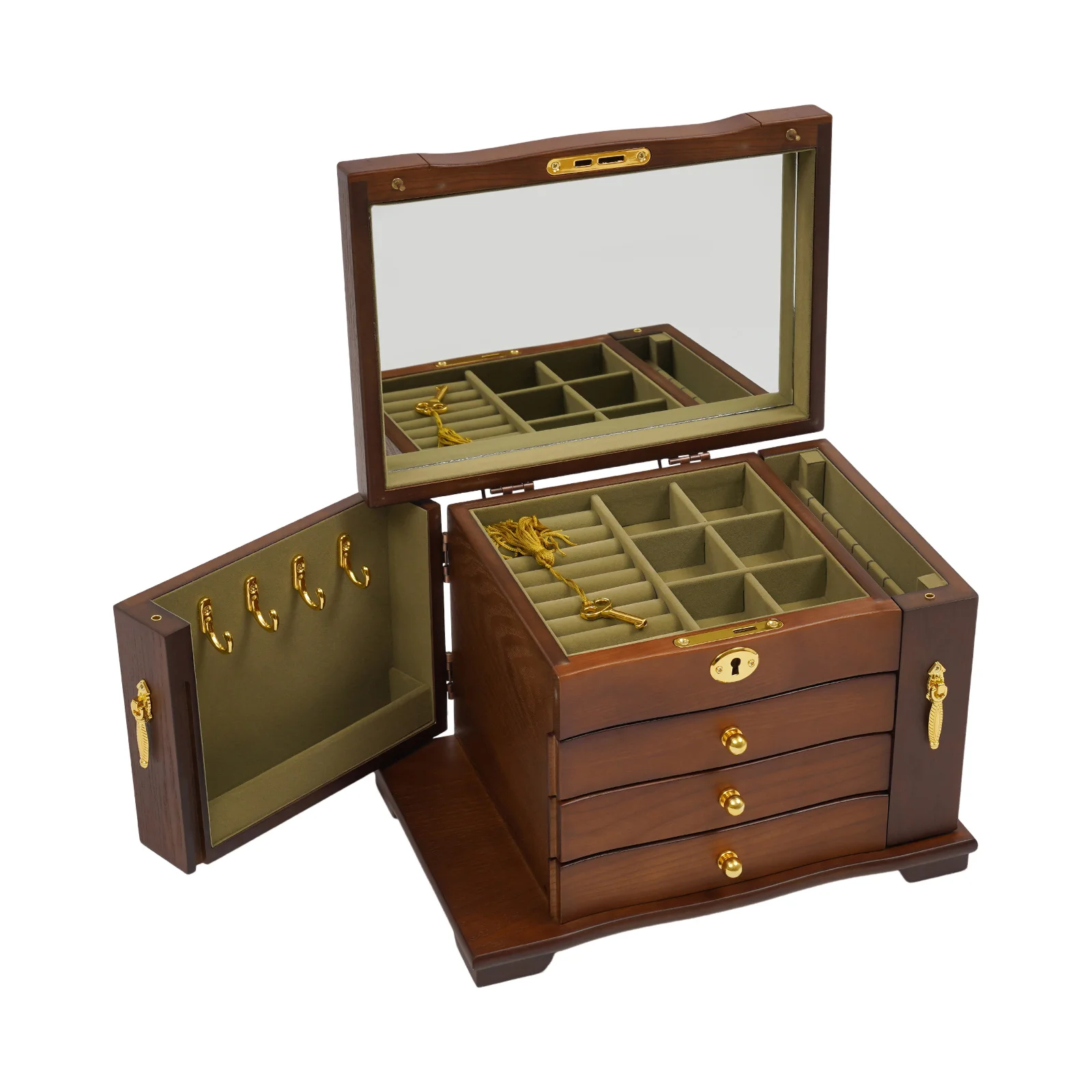 Armadietto per gioielli da tavolo con specchio, scatola portaoggetti per orecchini da ragazza a 4 strati con anello per collana con serratura